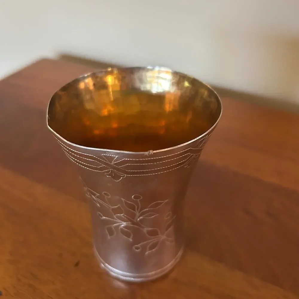 Vintage Two-Tone Etched Metal Tumbler Floral Leaf Engraved Flared Rim